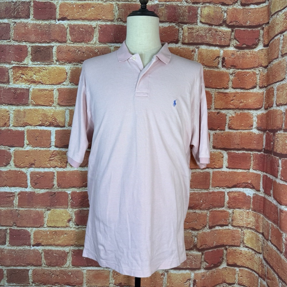 Polo Ralph Lauren Vintage Pink Striped Short Sleeve Polo Shirt Mens XL Preppy